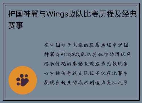 护国神翼与Wings战队比赛历程及经典赛事