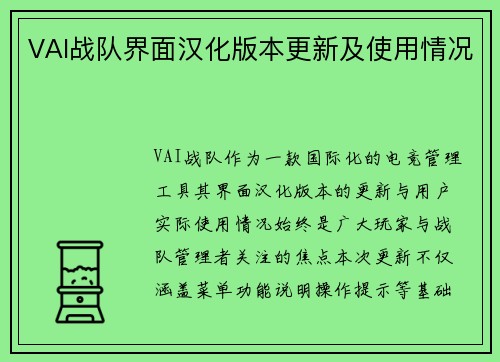VAI战队界面汉化版本更新及使用情况