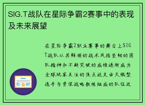 SIG.T战队在星际争霸2赛事中的表现及未来展望