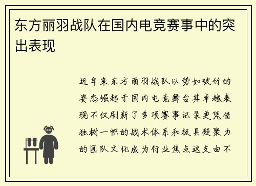 东方丽羽战队在国内电竞赛事中的突出表现